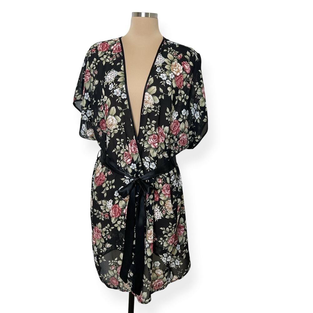 Sheer Floral Robe Cover Up Size 1X Black Red Wrap Layer Whimsigoth Dark Romantic